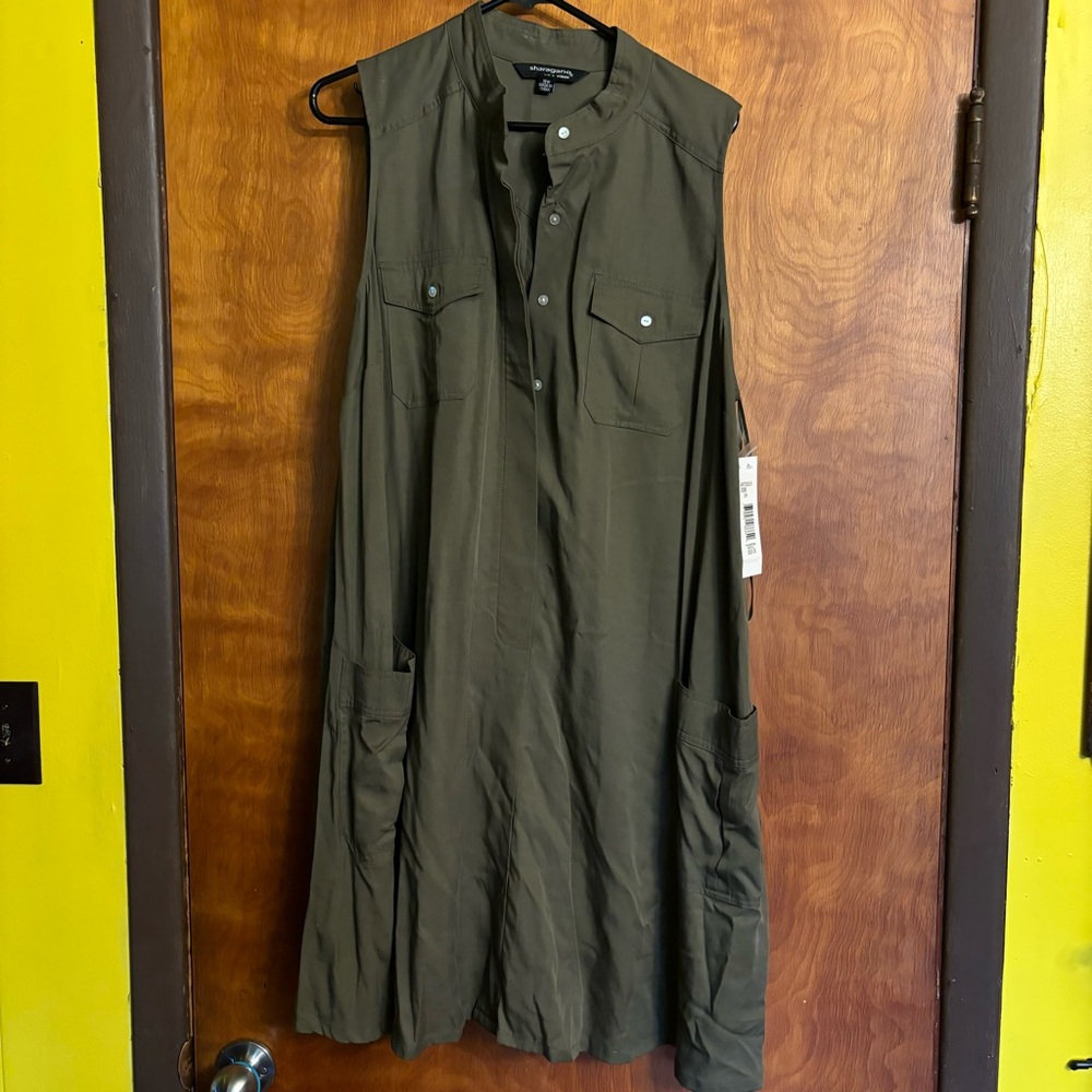 Sharagano Women’s Sleeveless Shirt Dress Size 16W Olive Green NWT